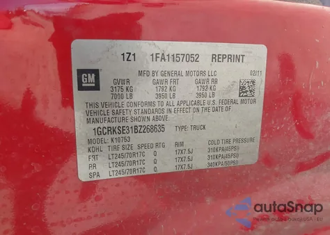 2011 Chevrolet Silverado Lt from USA, damaged, VIN 1GCRKSE31BZ268635